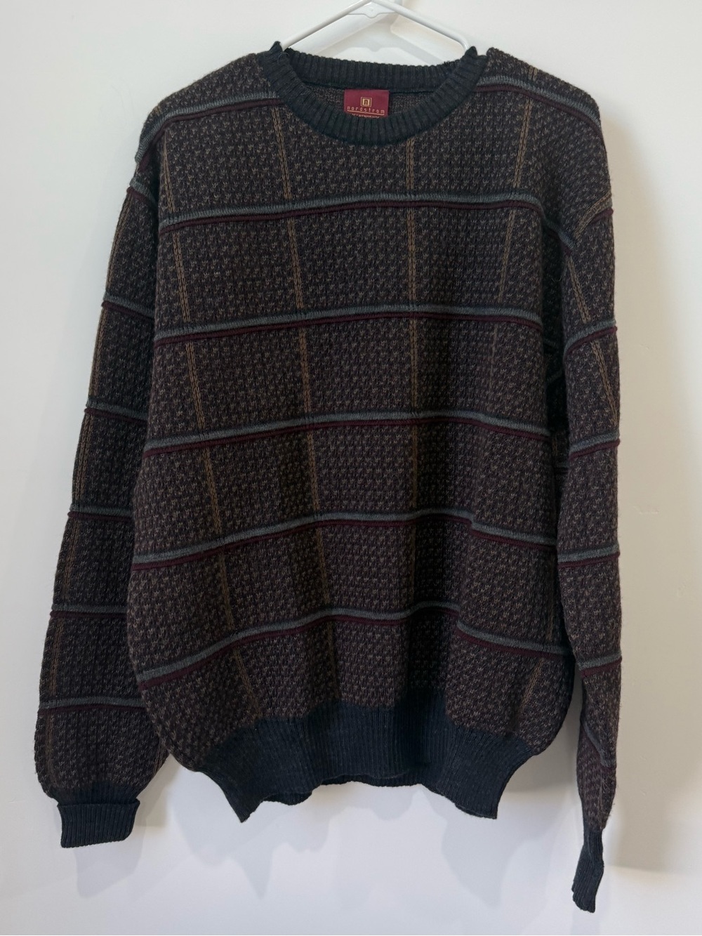 Nordstrom Merino wool Vintage Men's Dark Brown Patterned Crewneck Sweater